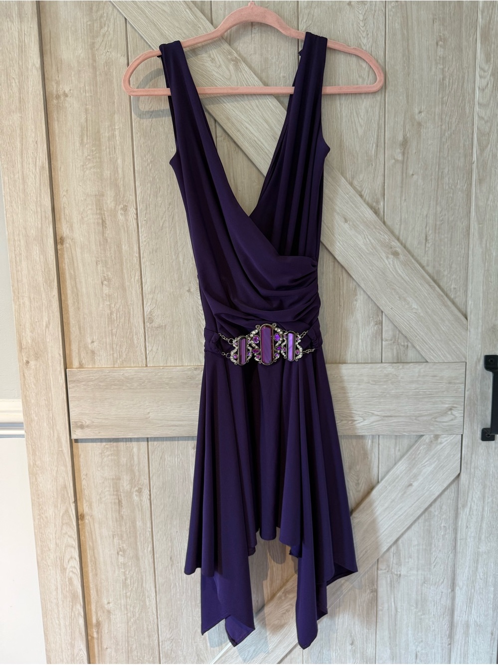 Plum Sleeveless Handkerchief Hem Dress with Jeweled Belt